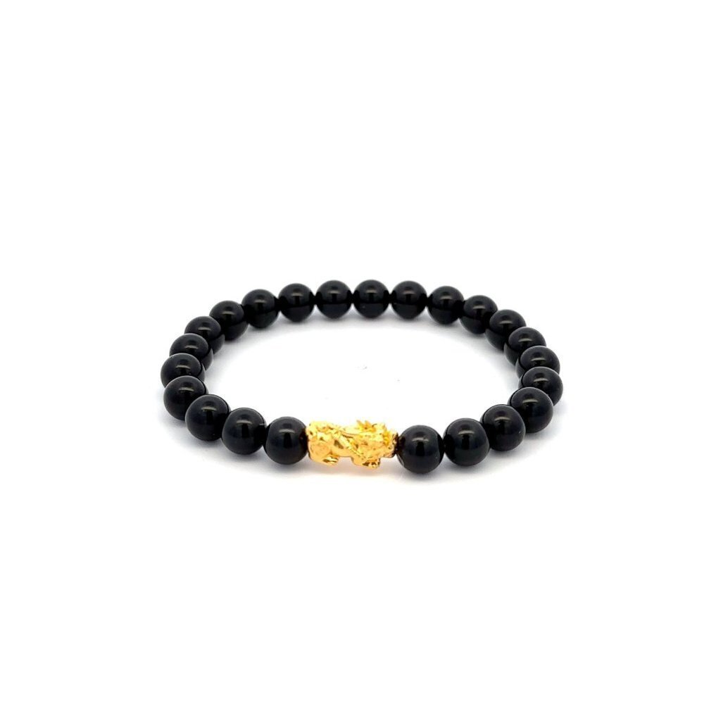 18K Gold Piyao Pixiu Dragon Lucky Charm Bracelet Gemstones Black Tourmaline 6mm